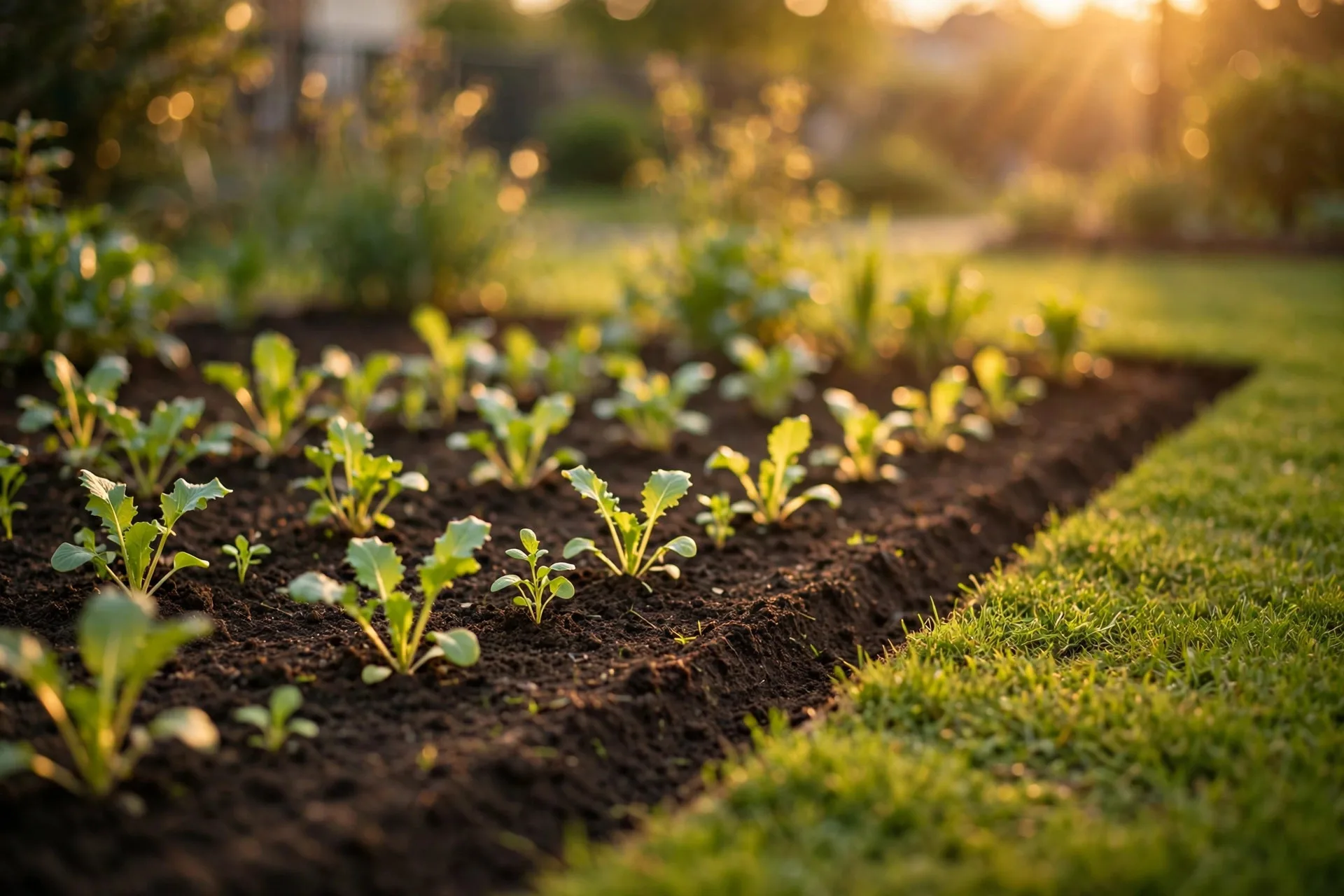 Tended garden beds at golden hour
