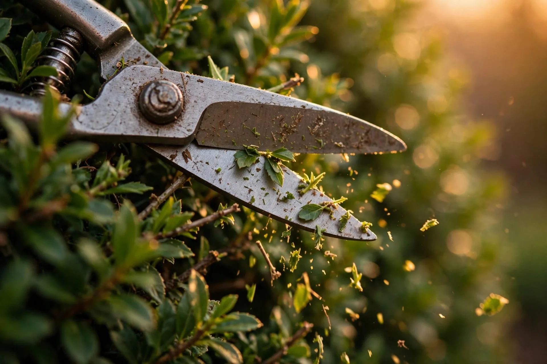 Shears trimming a hedge