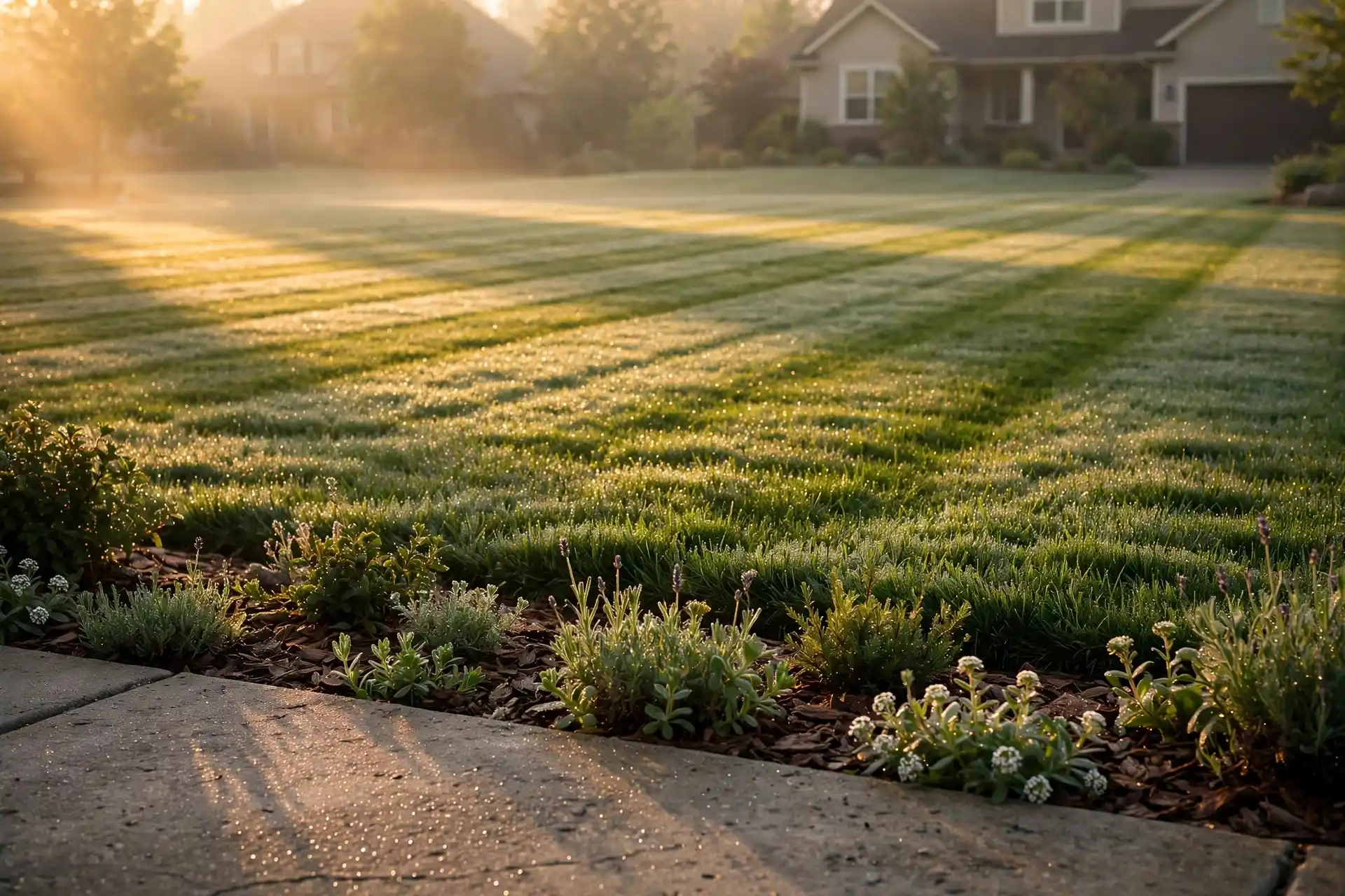 Striped lawn at dawn with tended garden beds